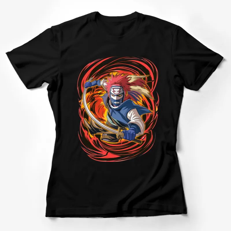 Anime Ninja Warrior T-Shirt, Red Hair Fire Style Graphic Tee, Cool Manga Fighter Shirt Female T-Shirt