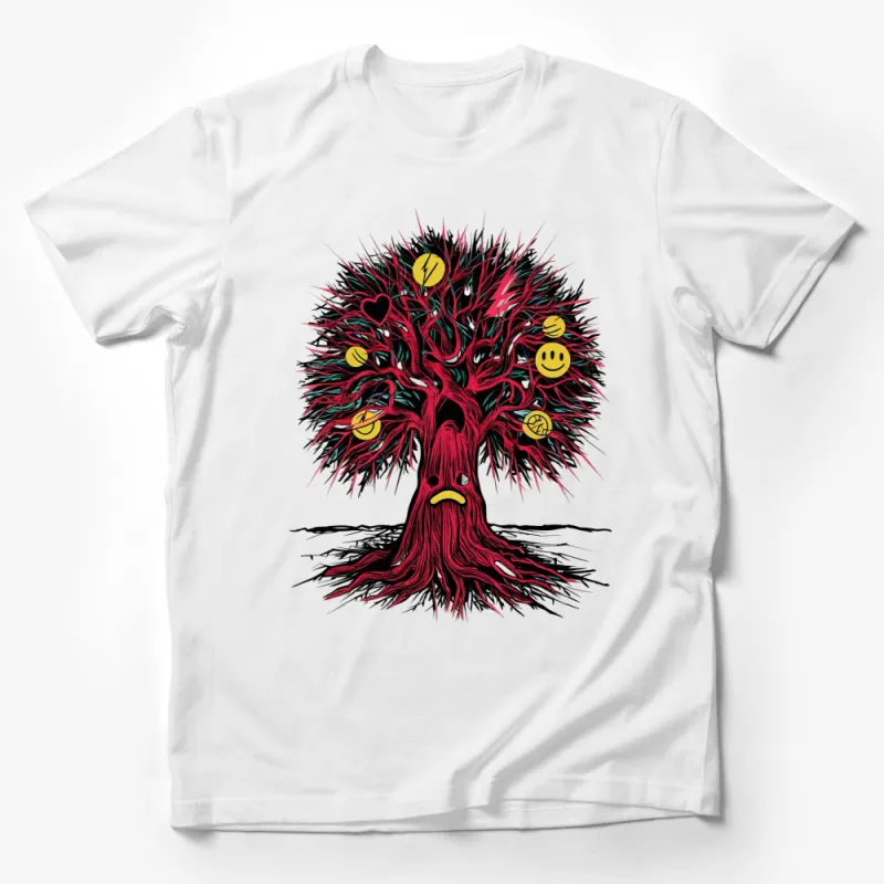 Vibrant Tree of Life T-Shirt, Unique Artistic Design with Colorful Emblems Male T-Shirt