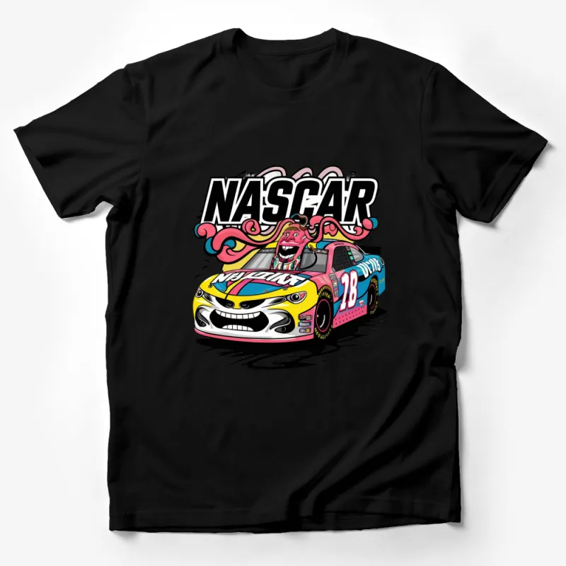 NASCAR Racing Graphic T-Shirt, Bold Colorful Cartoon Car Design, Motorsport Fan Apparel Male T-Shirt