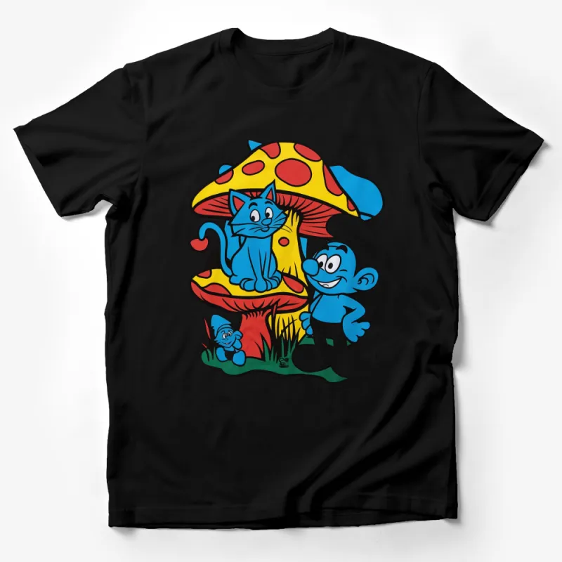 Colorful Mushroom House T-Shirt with Cartoon Cat and Smurfs, Kids' Animated Character Tee, Gift for Children Male T-Shirt