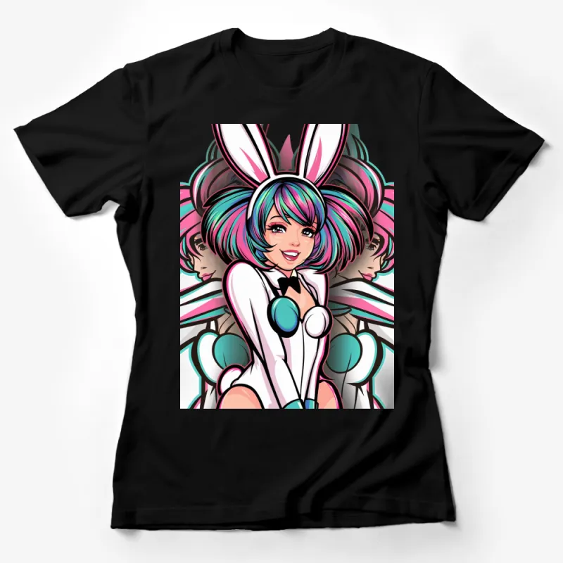 Colorful Anime Girl with Bunny Ears Graphic T-Shirt, Vibrant Cartoon Art Tee, Unique Gift Idea Female T-Shirt