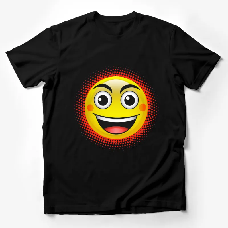 Bright Yellow Smiley Face T-Shirt with Red Halftone Dots, Fun Graphic Tee for All Ages Male T-Shirt