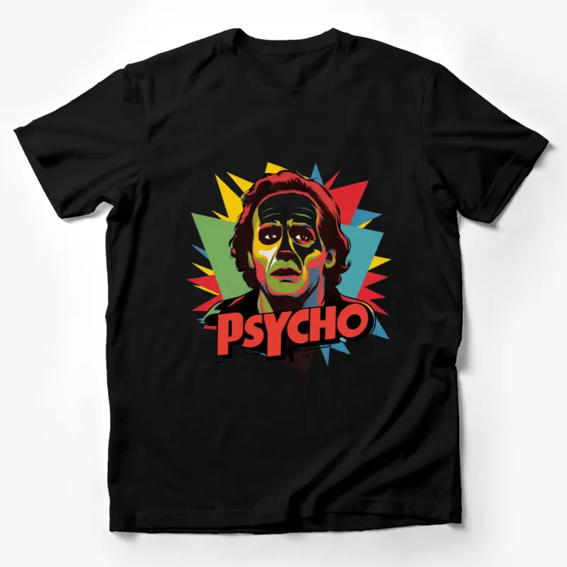 Colorful Psycho Pop Art T-Shirt, Vibrant Retro Movie Graphic Tee, Unisex Male T-Shirt