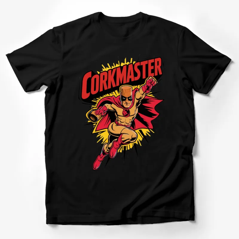 Corkmaster Superhero T-Shirt, Comic Book Style Art, Unique Hero with Cork Head, Bold Colors Male T-Shirt