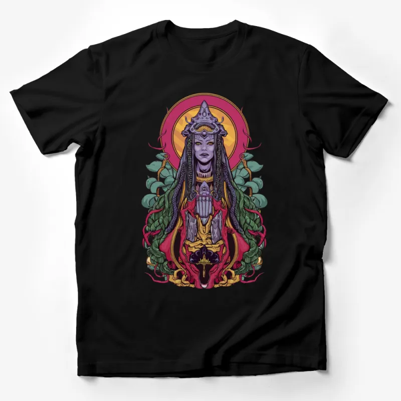 Fantasy Woman Warrior Graphic Tee, Colorful Gothic Art, Unique Designer T-Shirt, Vibrant Illustration Clothing Male T-Shirt