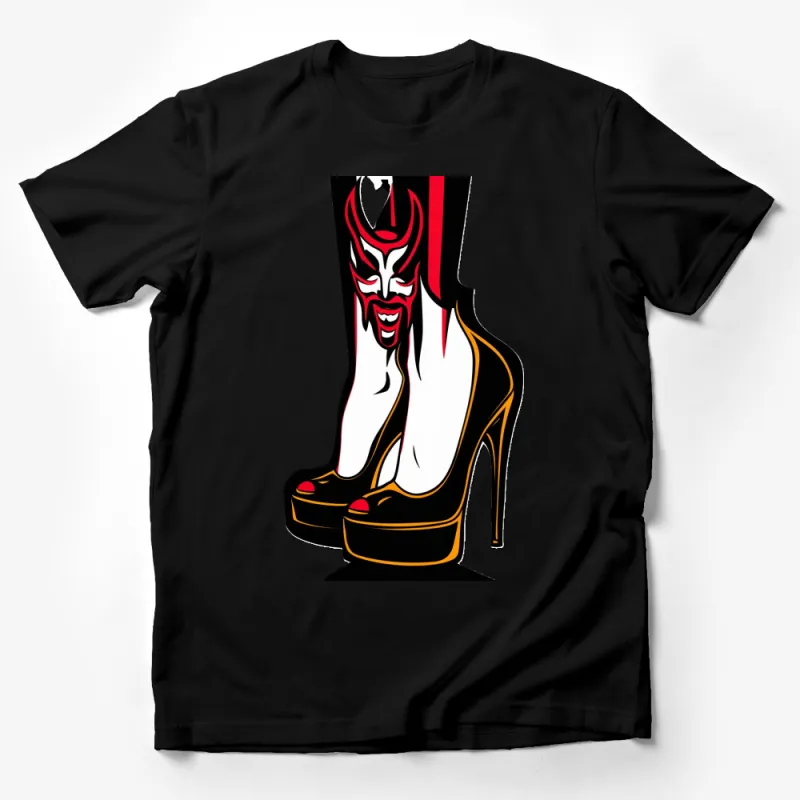 Japanese Kabuki Mask and High Heels Graphic T-Shirt, Bold Fashion Statement Tee Male T-Shirt