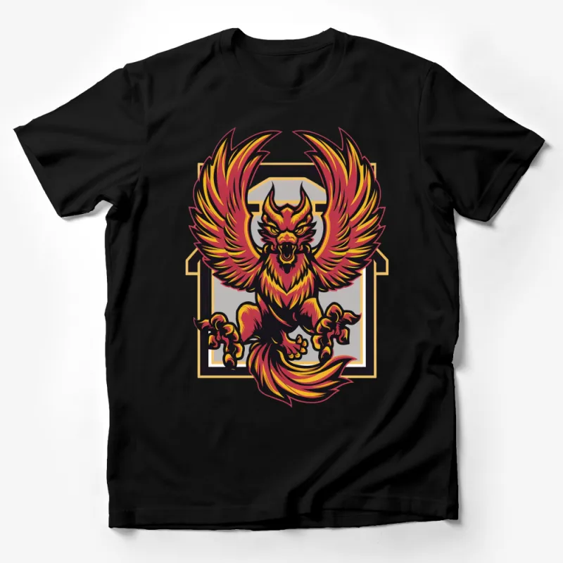 Men's Graphic T-Shirt with Fiery Phoenix Design, Bold Red and Yellow Colors Male T-Shirt