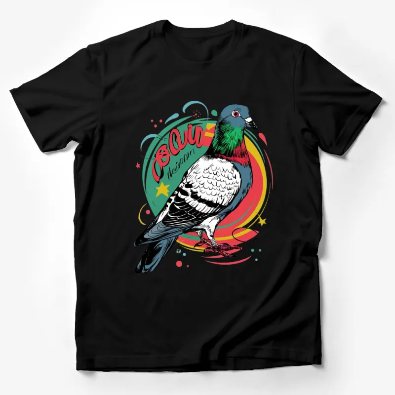 Colorful Pigeon T-Shirt, Urban Art Style Bird Graphic Tee, Vibrant Streetwear, Unisex Fashion Top Male T-Shirt