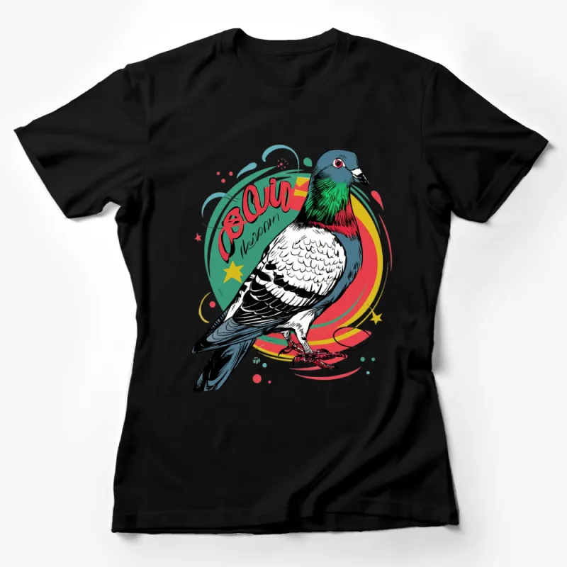 Colorful Pigeon T-Shirt, Urban Art Style Bird Graphic Tee, Vibrant Streetwear, Unisex Fashion Top Female T-Shirt