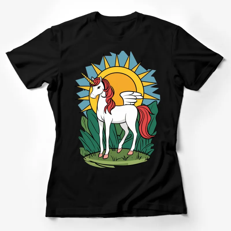 Unicorn Graphic T-Shirt, Winged Unicorn with Sunburst, Fantasy Art Tee, Colorful Mythical Creature Shirt for All Ages Female T-Shirt