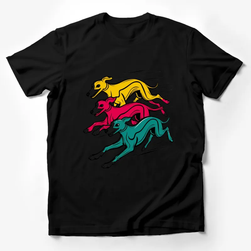 Colorful Running Greyhound Dogs T-Shirt, Bright Graphic Tee for Dog Lovers, Unique Pet Art Shirt, Vibrant Animal Print Top Male T-Shirt