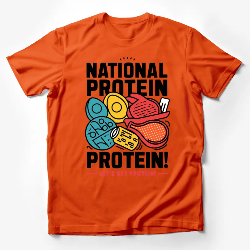 National Protein Day T-Shirt, Colorful Fitness Food Illustration, Egg Steak Cheese, Health Enthusiast Gift Male T-Shirt