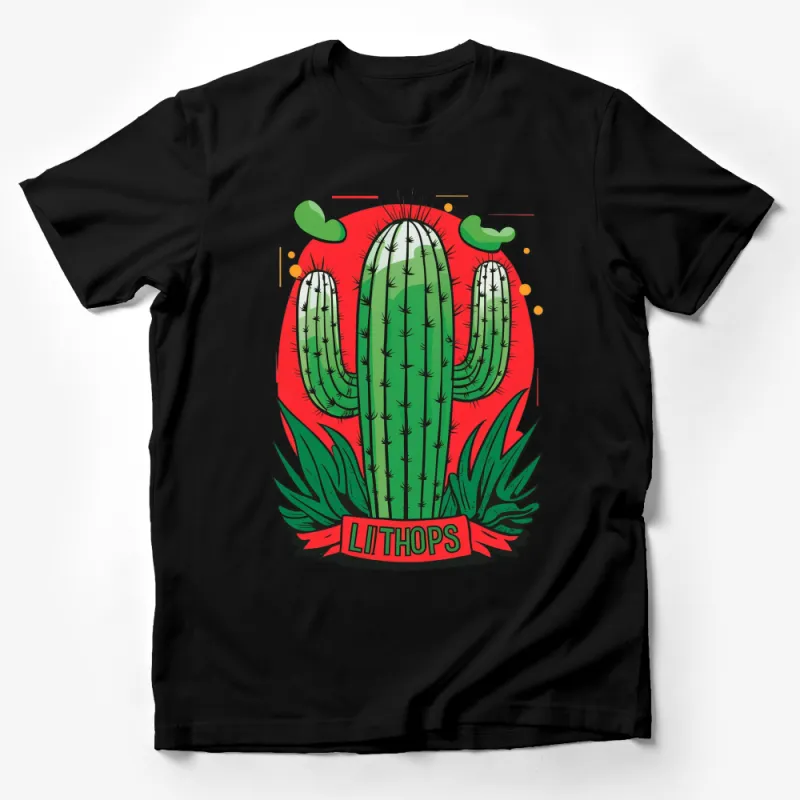 Vibrant Green Cactus T-Shirt, Lithops Banner, Red Background, Unisex Graphic Tee Male T-Shirt