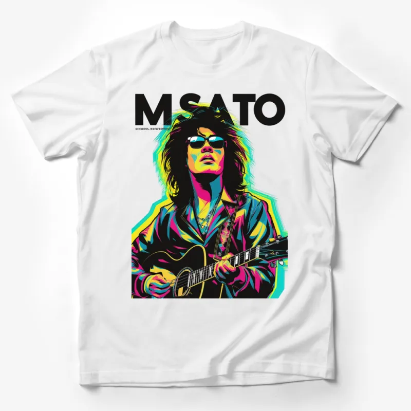 Vibrant Pop Art Musician T-Shirt, Colorful Guitar Player Graphic Tee, Bold Music Themed Apparel Male T-Shirt