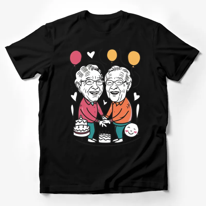 Cute Elderly Couple Cartoon T-Shirt, Anniversary Gift, Birthday Celebration Graphic Tee Male T-Shirt