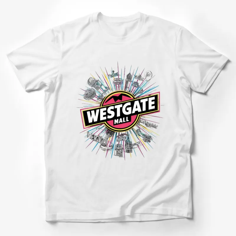 Westgate Mall Graphic T-Shirt, Colorful City Skyline Art Tee, Urban Style Clothing, Unique Streetwear Male T-Shirt