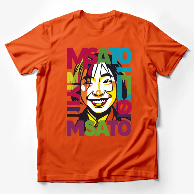 Colorful Pop Art Graphic Tee, Vibrant Msato Portrait, Unisex Modern Art T-Shirt, Bold Typography Fashion Male T-Shirt