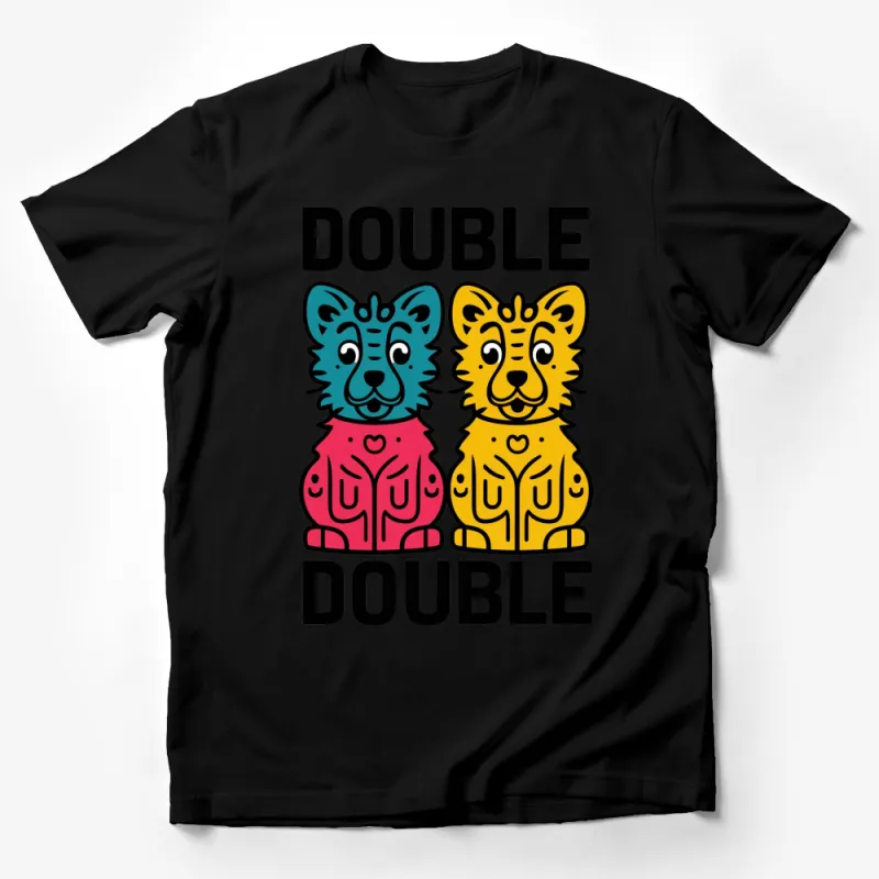 Colorful Double Tiger Graphic T-Shirt, Unisex Bright Animal Print Tee, Trendy Pop Art Style Shirt Male T-Shirt