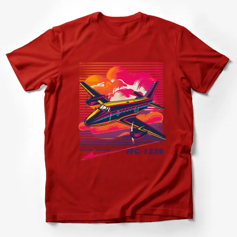 Retro Airplane Graphic Tee, Bold Colorful Vintage Plane Design T-Shirt, Unisex Male T-Shirt