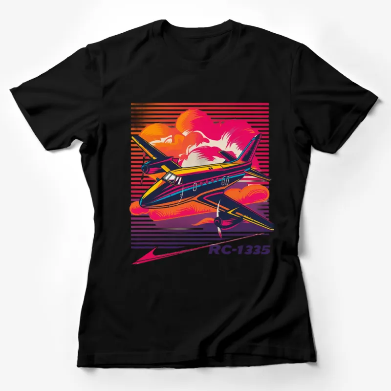 Retro Airplane Graphic Tee, Bold Colorful Vintage Plane Design T-Shirt, Unisex Female T-Shirt