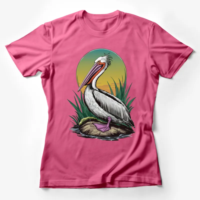 Colorful Pelican Graphic T-Shirt, Vintage Sunset Wildlife Bird Illustration Tee, Unisex Fashion Female T-Shirt