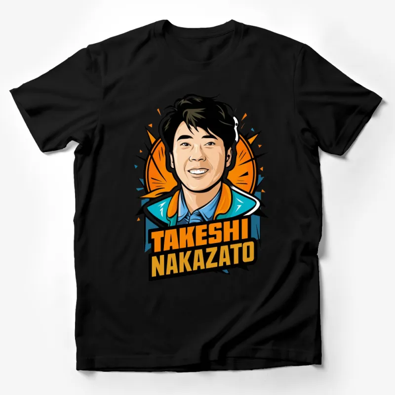 Vibrant Takeshi Nakazato Inspired Graphic T-Shirt, Bold Cartoon Portrait Tee, Unisex Male T-Shirt