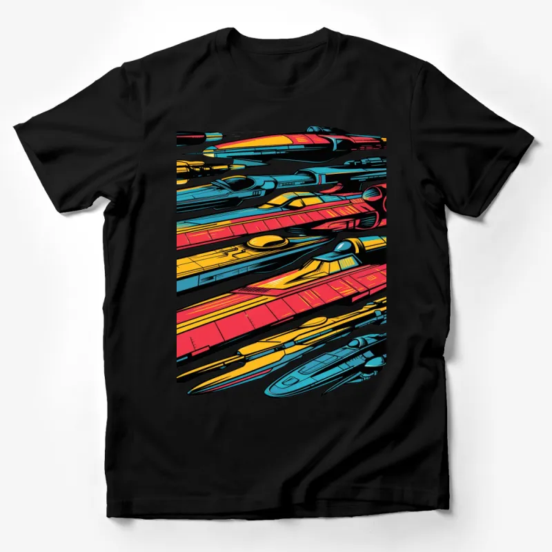 Colorful Retro Rocket Ships Graphic T-Shirt, Vintage Spacecraft Design Tee, Unisex Clothing Gift Male T-Shirt