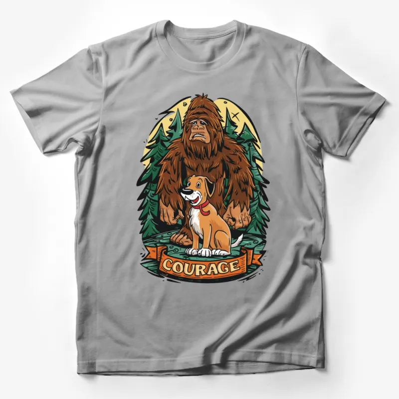 Bigfoot and Dog Courage T-Shirt, Forest Adventure Graphic Tee, Unique Animal and Nature Lovers Gift, Unisex Male T-Shirt