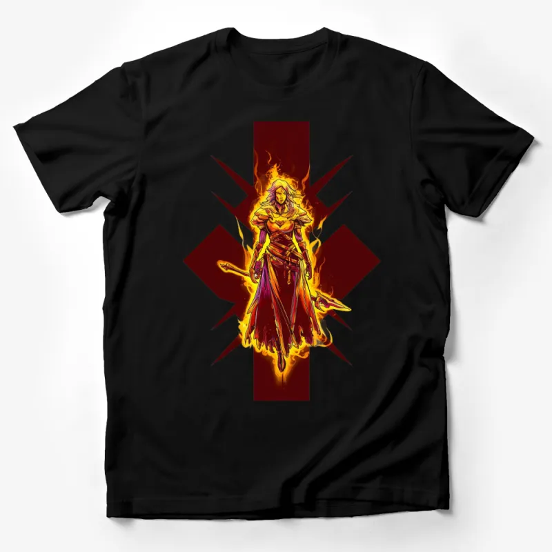 Fiery Warrior Princess Graphic T-Shirt, Fantasy Art Women's Tee, Unique Fantasy Battle Illustration Shirt Male T-Shirt