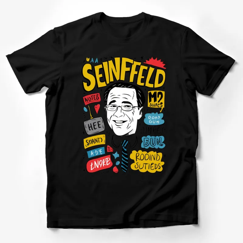 Colorful Seinfeld Parody Art T-Shirt, Vintage Graphic Tee, Retro 90s Television Show Top, Unique Comic Illustration Shirt Male T-Shirt