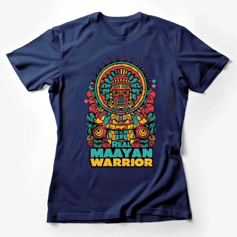 Colorful Mayan Warrior Art T-Shirt, Aztec Tribal Mask Design, Unique Graphic Tee Female T-Shirt