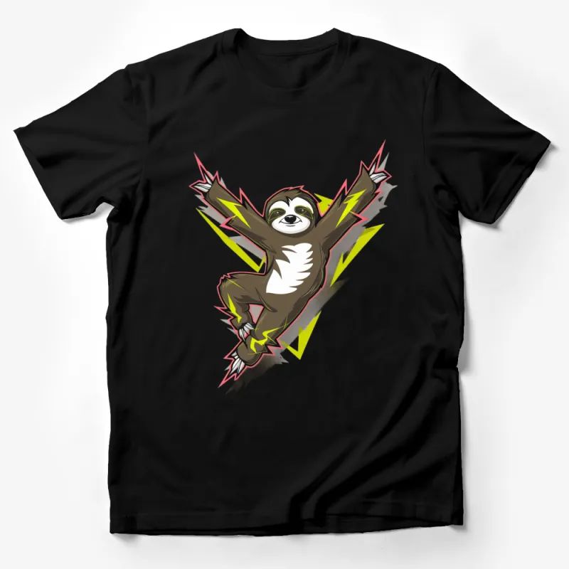 Cool Sloth T-Shirt with Vibrant Lightning Bolts, Trendy Animal Graphic Tee, Unisex Male T-Shirt