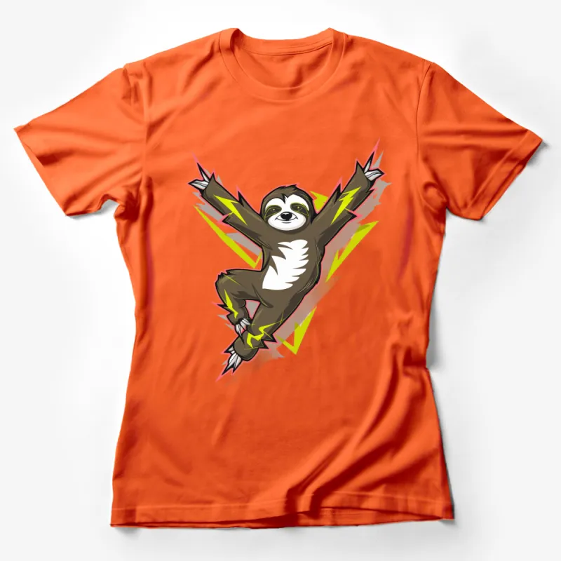 Cool Sloth T-Shirt with Vibrant Lightning Bolts, Trendy Animal Graphic Tee, Unisex Female T-Shirt