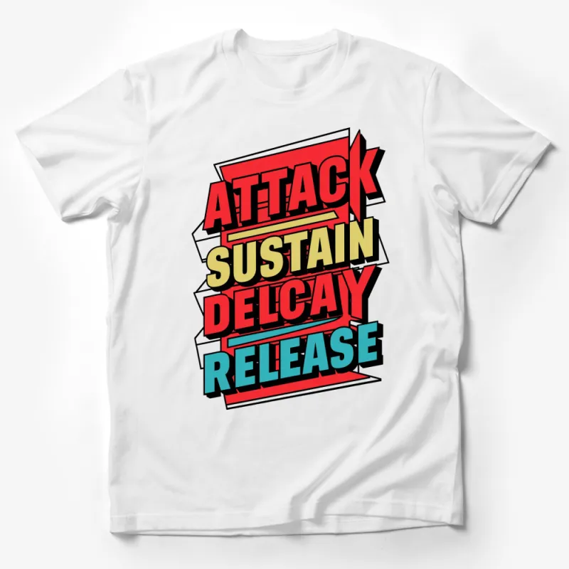 Attack Sustain Decay Release Colorful T-Shirt, Retro Style Graphic Tee, Music Synthesizer Shirt, Bold Typographic Design Male T-Shirt