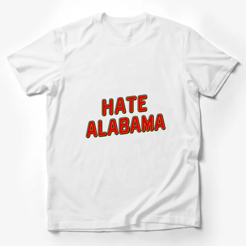 Bold Hate Alabama Text T-Shirt, Eye-Catching Red and Yellow Design, Unisex Tee Male T-Shirt