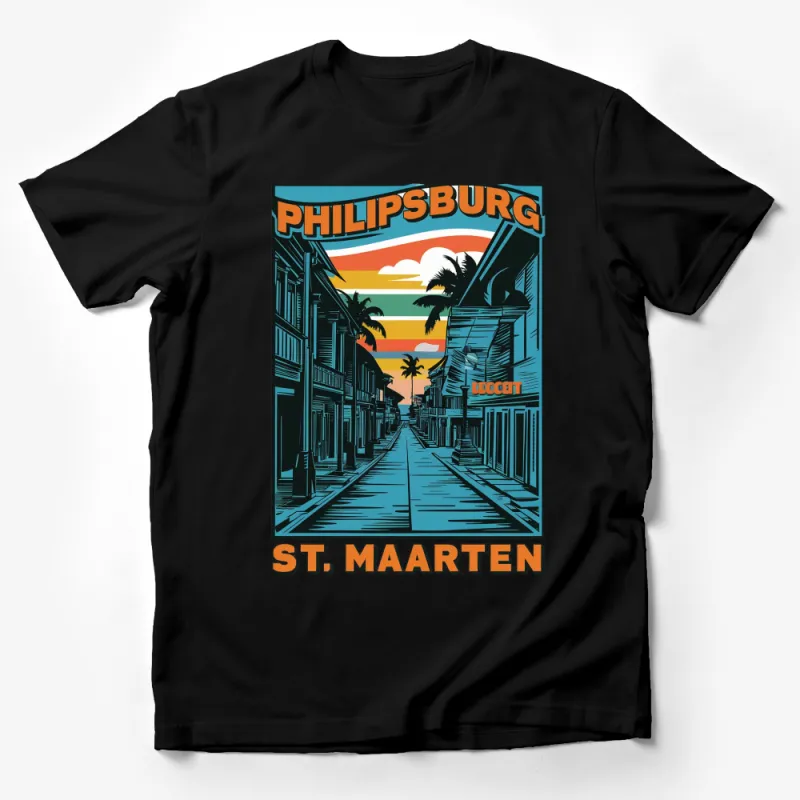 Philipsburg St. Maarten Sunset Graphic T-Shirt, Tropical Street View, Island Vacation Tee, Vintage Travel Poster Design Male T-Shirt