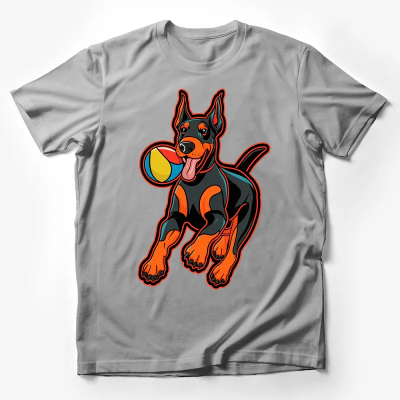 Colorful Doberman Pinscher Dog with Ball Graphic T-Shirt, Unique Pet Lover Gift, Unisex Tee Male T-Shirt