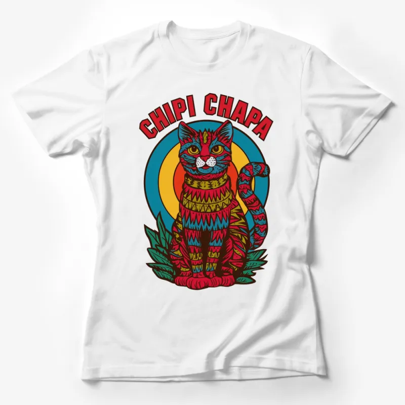 Colorful Chipi Chapa Cat Graphic T-Shirt, Funky Tribal Art, Unisex Tee for Cat Lovers, Bright Casual Apparel Female T-Shirt