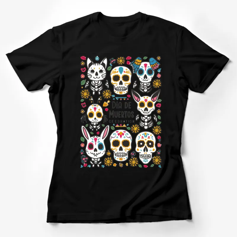 Dia de Muertos Skulls and Flowers T-Shirt, Colorful Sugar Skull Graphic Tee, Mexican Culture Celebration Shirt Female T-Shirt