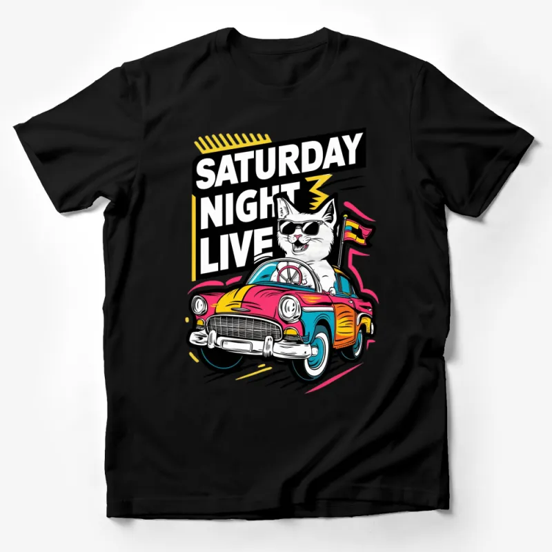 Saturday Night Live Cat Driving Retro Car T-Shirt, Cool Cat Graphic Tee, Vintage Car Lover Gift Male T-Shirt