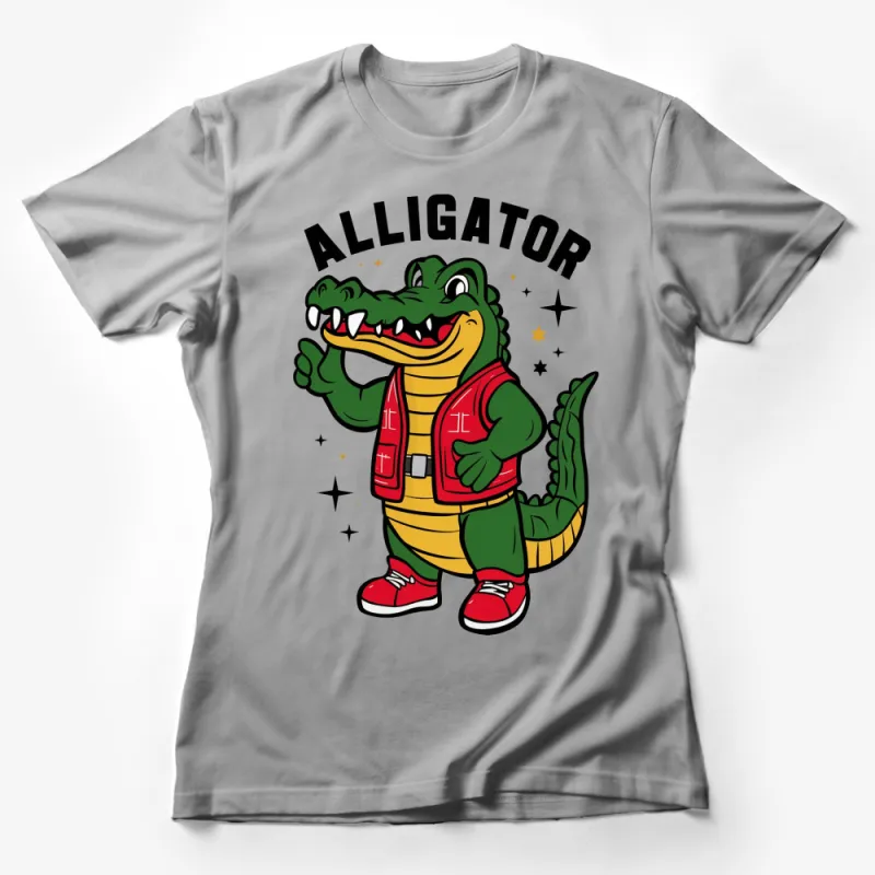 Alligator Cartoon T-Shirt, Kids Graphic Tee, Cool Alligator in Jacket, Star Details, Unisex Clothing Female T-Shirt