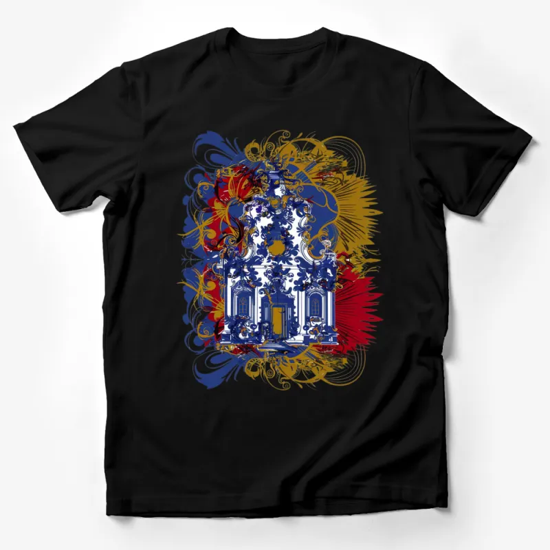 Baroque Art Inspired T-Shirt, Bold Blue and Gold Graphic Tee, Stylish Unisex Fashion Top, Elegant Streetwear Male T-Shirt