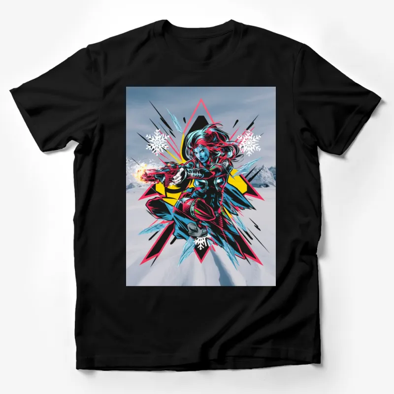 Colorful Superhero Woman T-Shirt, Vibrant Comic Art Style, Unique Graphic Tee, Gift for Comic Fans Male T-Shirt