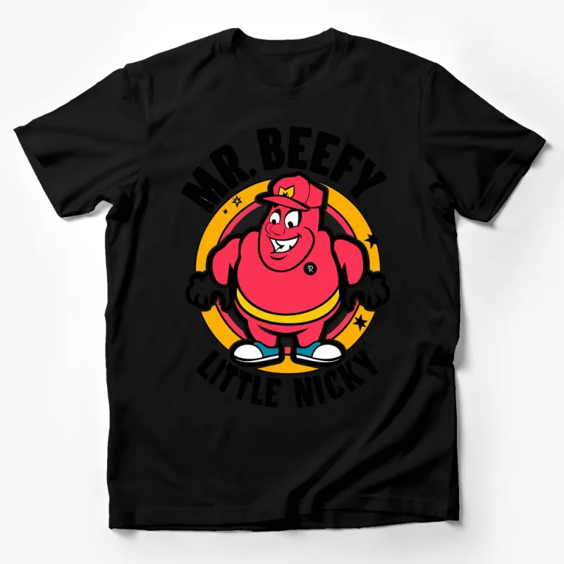 Mr. Beefy Little Nicky Cartoon T-Shirt, Red and Yellow Graphic Tee, Fun Character Apparel, Unisex Male T-Shirt