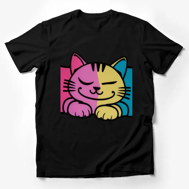 Colorful Cartoon Cat T-Shirt, Cute Smiling Cat Graphic Tee, Vibrant Pop Art Style, Unisex Cat Lover Gift Male T-Shirt