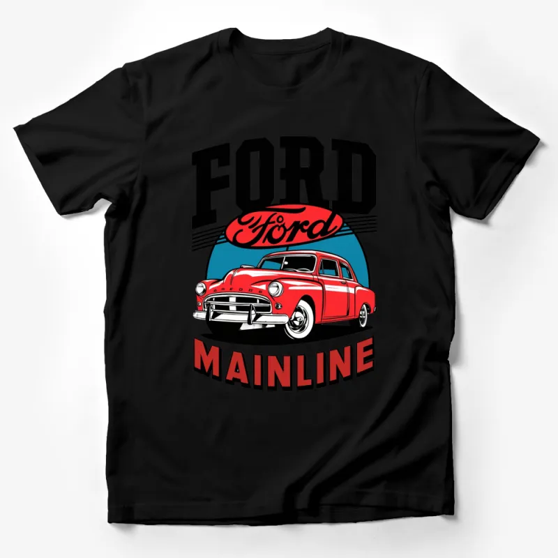 Vintage Ford Mainline T-Shirt, Classic Car Enthusiast Tee, Retro Auto Collector Gift, Red and Black Male T-Shirt