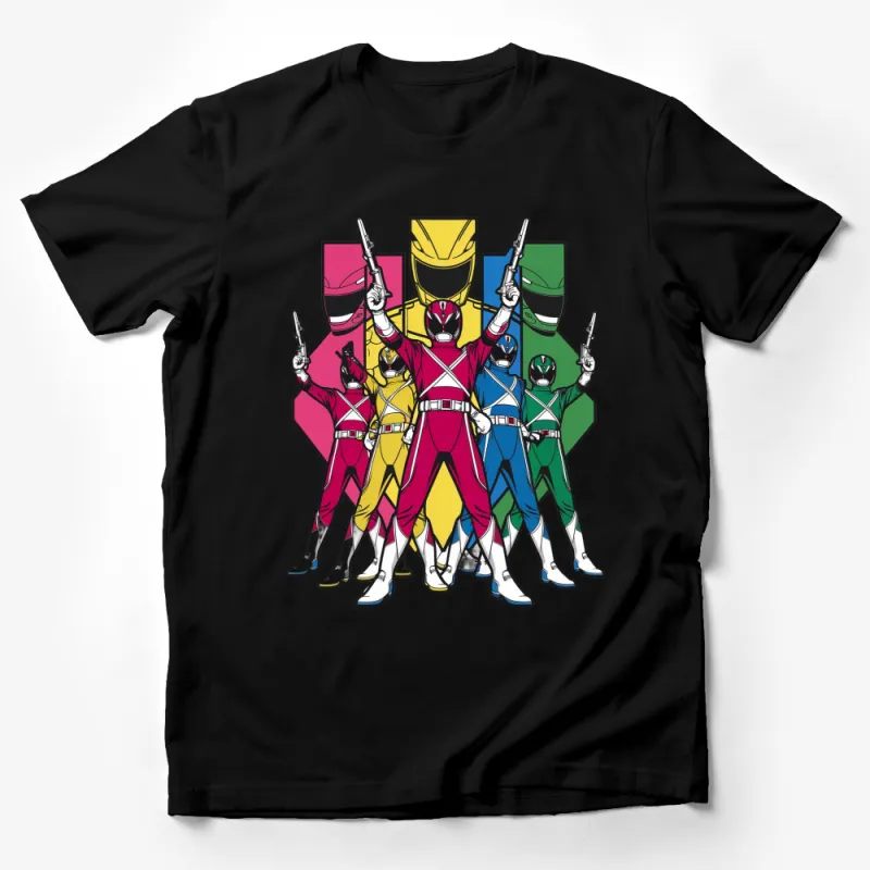 Retro Cartoon Team T-Shirt, Colorful Hero Rangers Graphic Tee, Unisex Adult Clothing Male T-Shirt