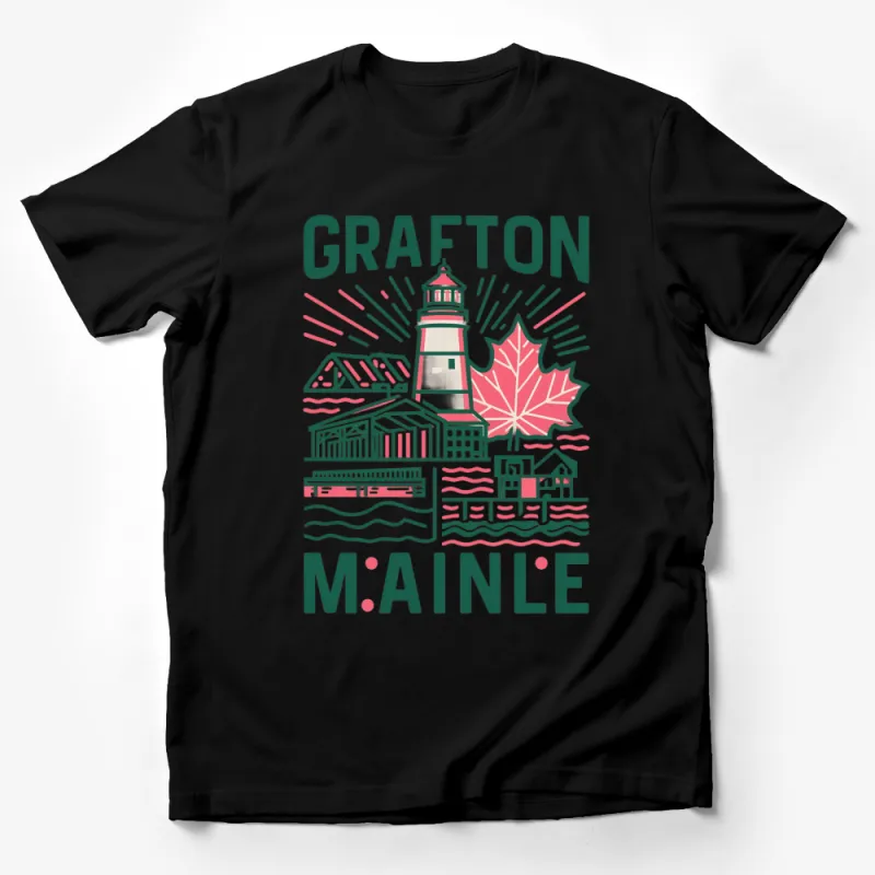 Grafton Maine Lighthouse and Maple Leaf Vintage Style T-Shirt, Unisex Graphic Tee Male T-Shirt