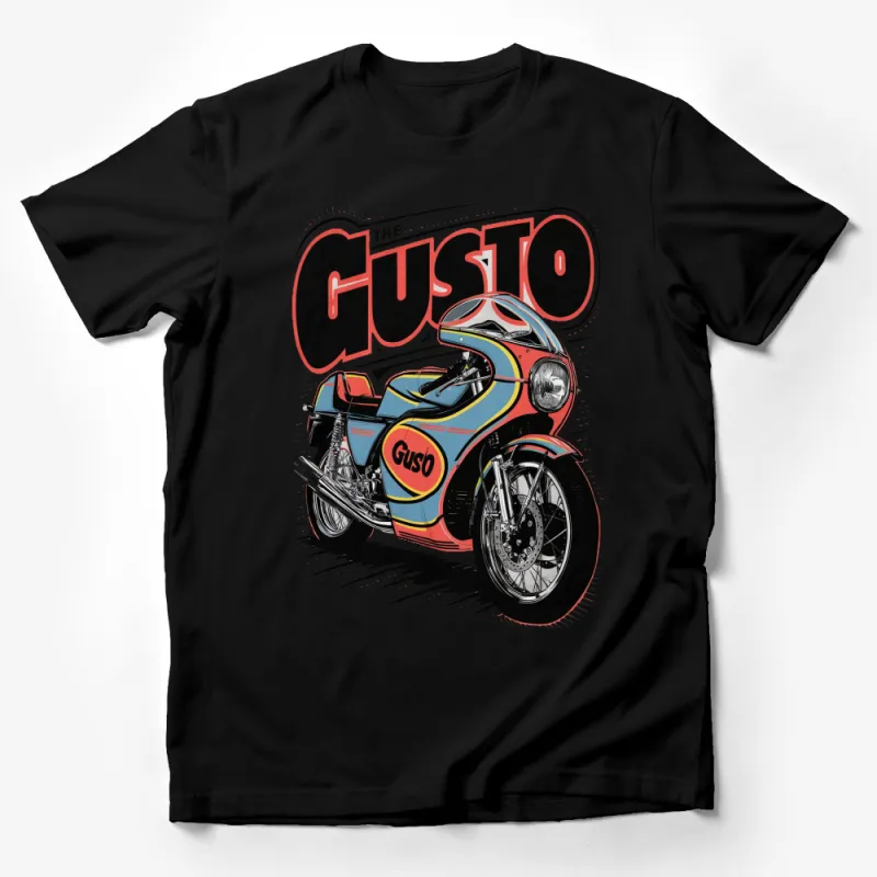 Retro Motorcycle T-Shirt, Vintage Bike Print, The Gusto Racing, Colorful Classic Rider Tee, Unisex Apparel Male T-Shirt