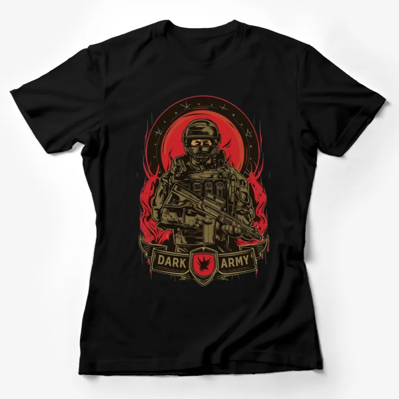 Dark Army Military Soldier Graphic T-Shirt, Vintage Soldier with Gun, Red Flames, Warrior Apparel Female T-Shirt